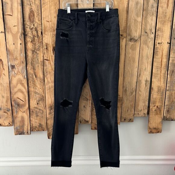 Good American Sz 4/27 Good Waist Crop Raw Step Hem High Rise Stretch Black Jean‎ - Picture 2 of 14
